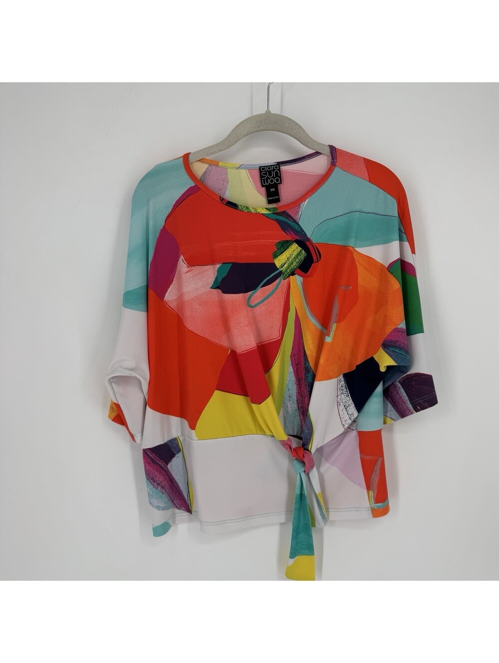 Clara Sun Woo top PM medium abstract colorful blouse art geometric tie front 3/4